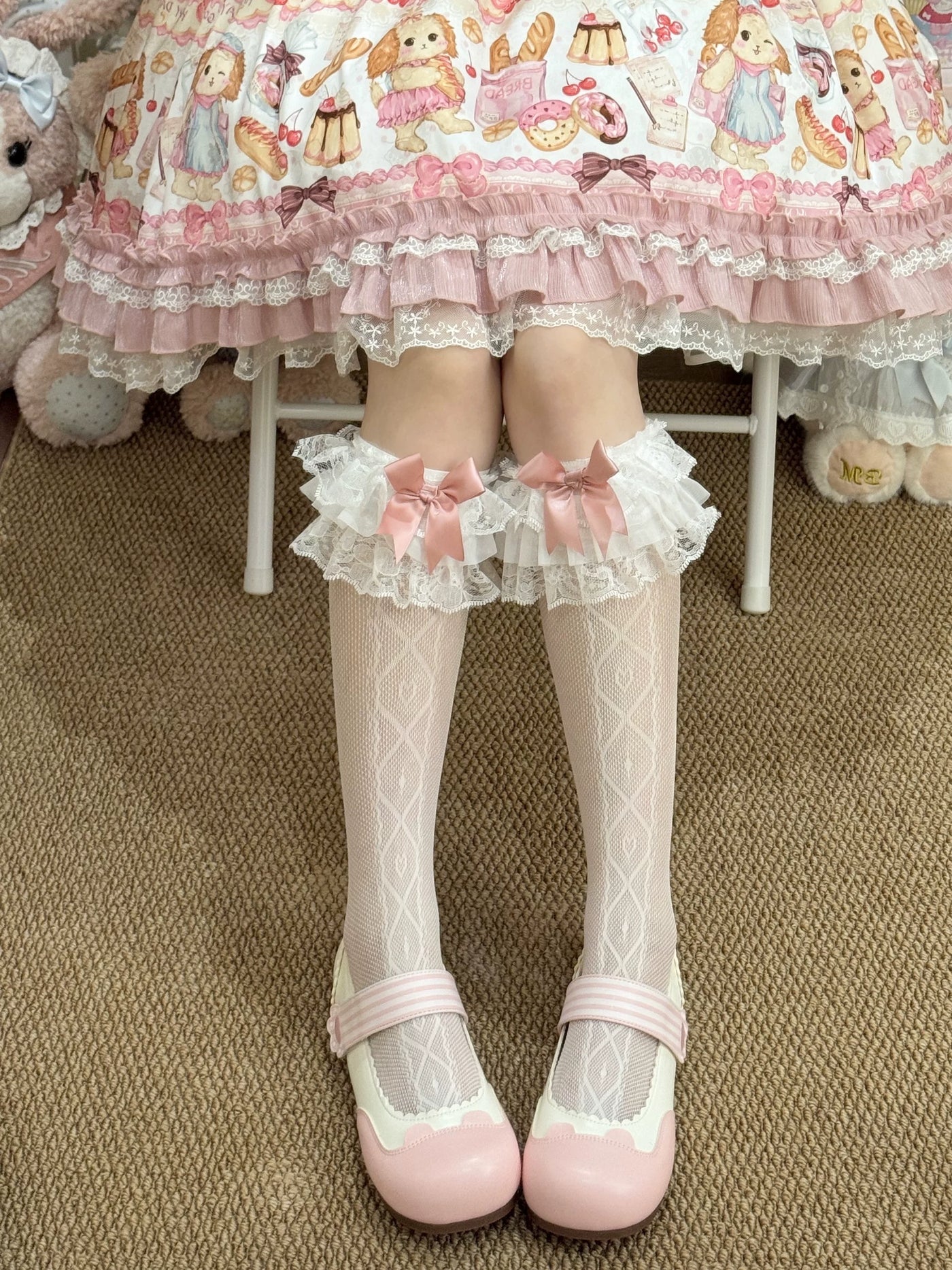 Fantasy Doll - Lace Bow Mid-Calf - Socks with Layered Lace Cuffs