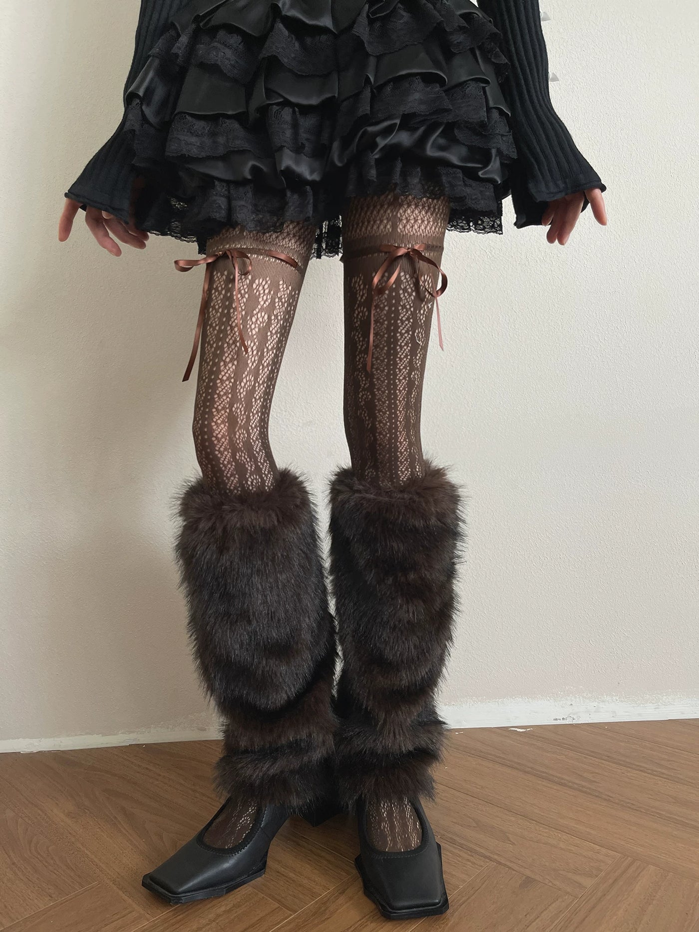 Sock Noble - Cocoa Fur - Brown Lace Tights and Sock Covers with Ribbon Ties and Fur Sections