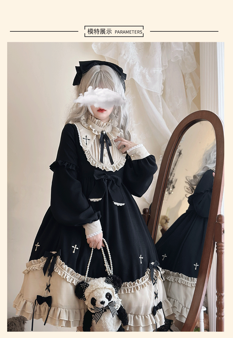 Baibian Xiaoniu - Vintage Cross Ribbon - Black long-sleeved OP dress with an ivory ruffled bib collar