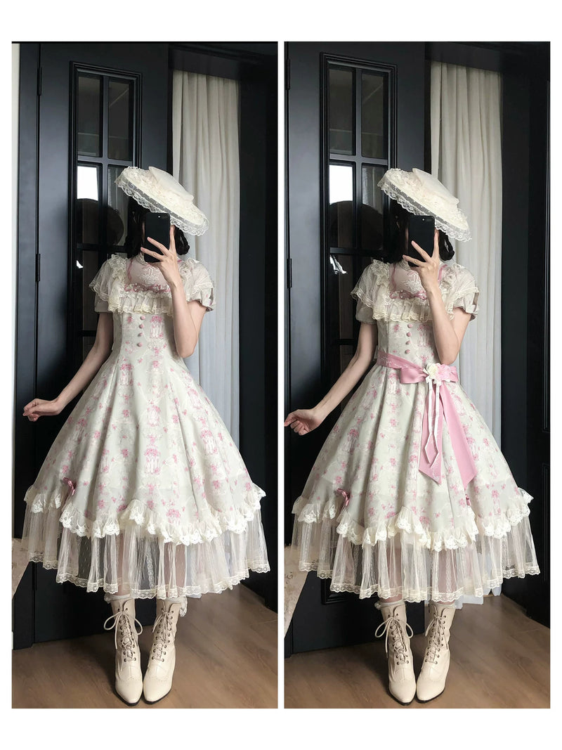 With PUJI - Wind Swept Roses - Classic Lolita Rose Printed Dress Set, Petal Hem detail view 4