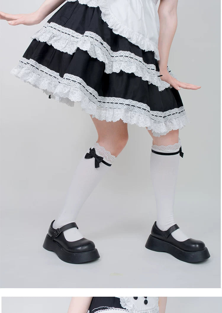 roji roji - Doll Bow Lace - Black or Pink Lace-Trimmed Socks in Three Lengths