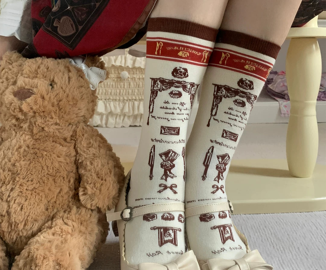 roji roji - Afternoon Cocoa - Cotton Mid-Calf Socks with Chocolate Graphics