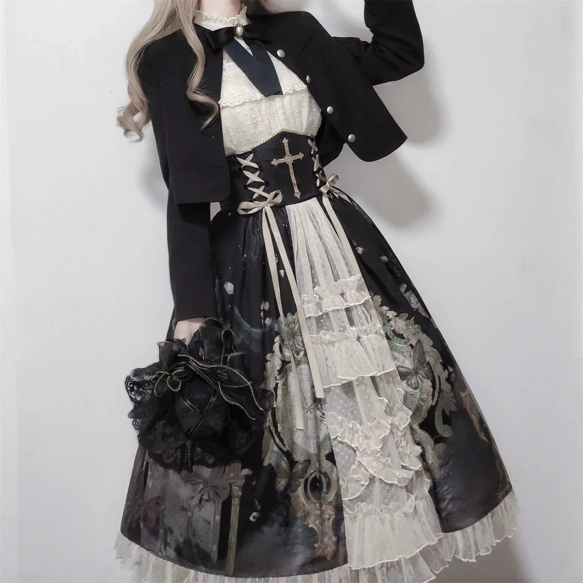 Your Princess - Clock Butterfly - Gothic Lolita Printed Blouse and Corset Skirt Set