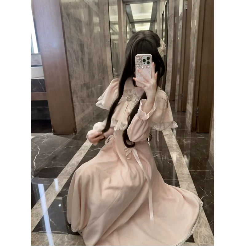 Creamy - Pink Lace Cape - Pink Dress with Bow Details