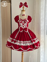 Miss Point - Vintage Petal Rabbit - Old School Lolita OP Cotton Dress, Petal-Shaped Hem - Red OP Only (without choker & KC) / XS