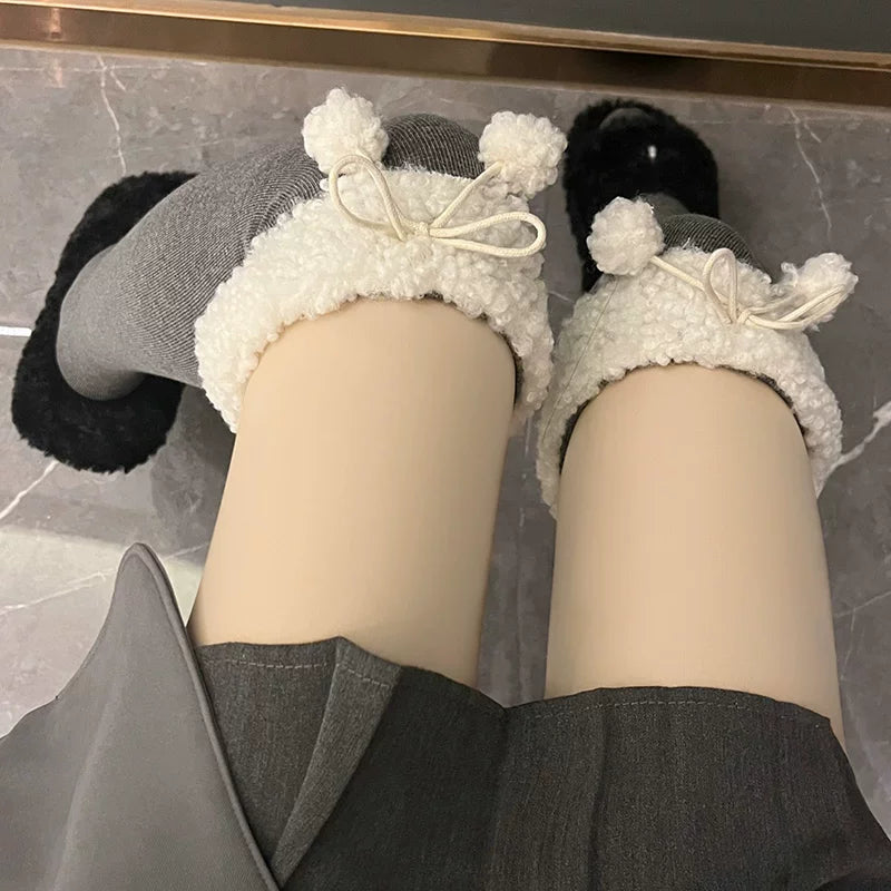 Floral Milk Cat - Milky Pom-Pom - Over-the-Knee Socks with Fleece Trim