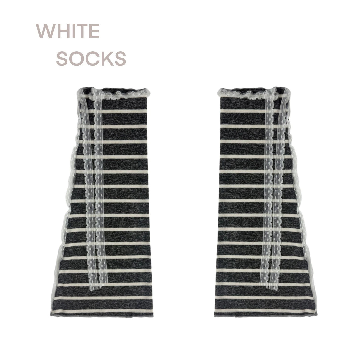 White Socks - Lace Stripe - Striped Slouch Socks with Lace Trim and Ties