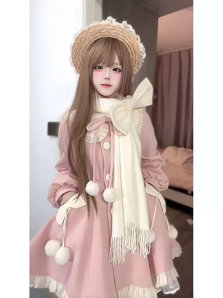 Sweetheart Dream Machine - First Love - Cotton-Padded Coat Dress and Bow Scarf Set