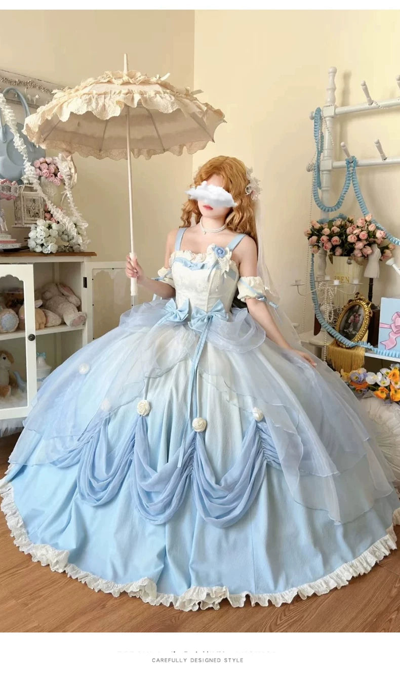 Emoji Dream - True Love's Kiss - Gradient blue sweet lolita one-piece