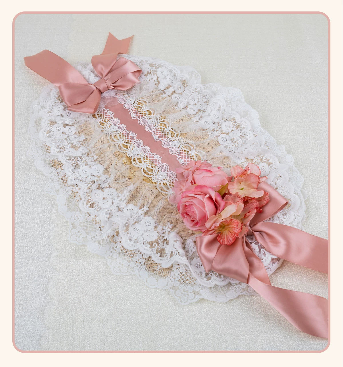 Stardust Rose - Garden Lace Bow - Flat Straw Hat with Lace Trim and Large Bow