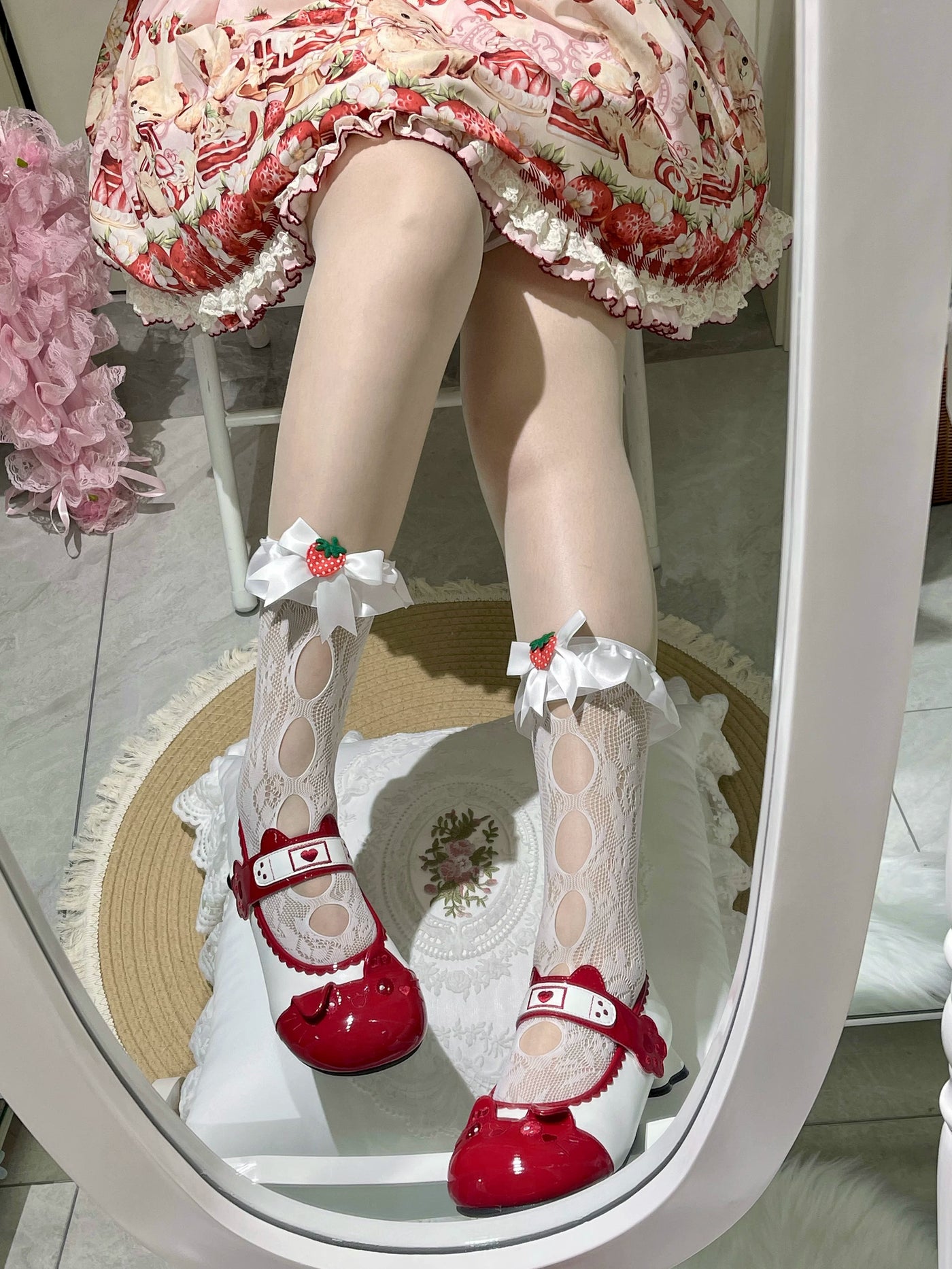 Fantasy Doll - Strawberry Bow - Lace mid-calf socks with strawberry-topped satin bows
