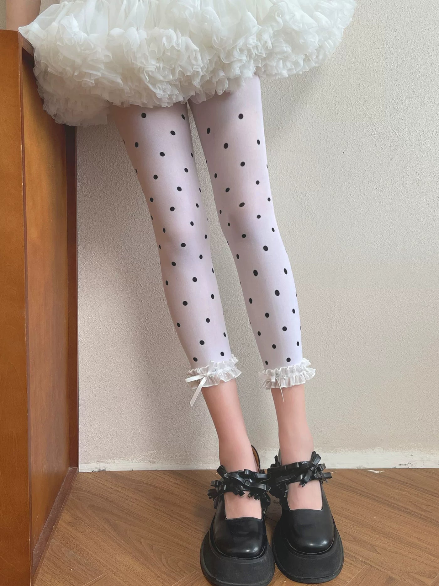 Sock Noble - Vintage Polka Dot - White Tights with Lace Ruffle Cuffs