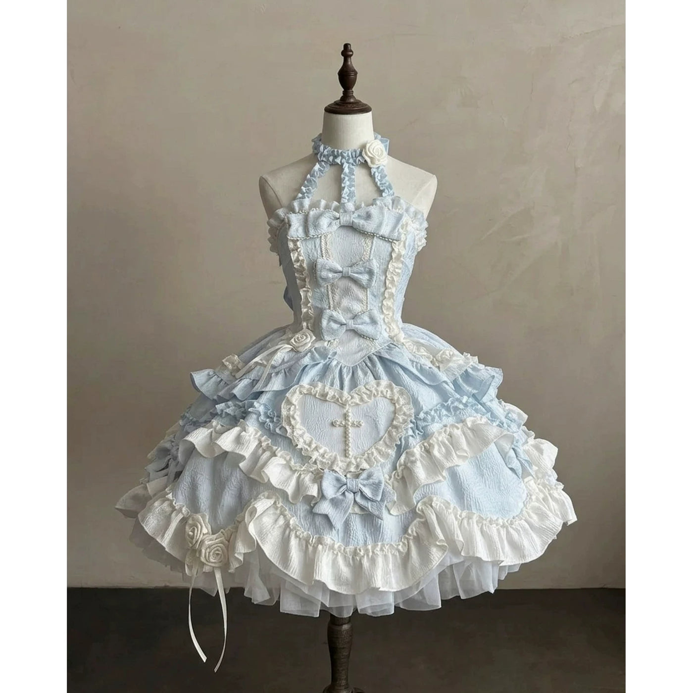 Creamy - Blue Heart Rose - Blue Lolita Halter Dress Set with Heart Panel and Train