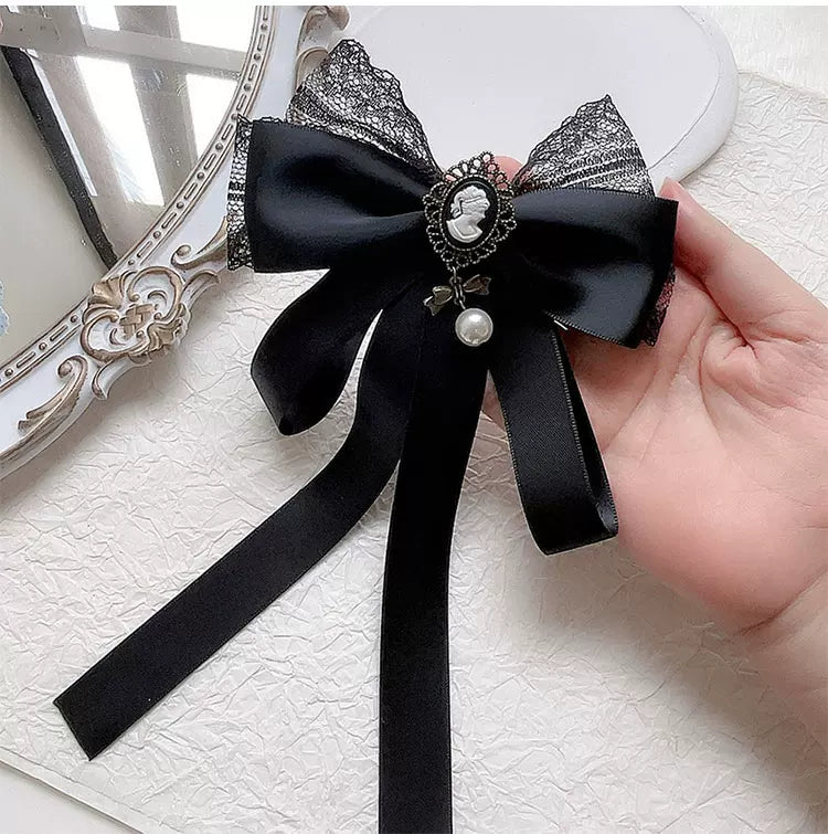 Independent Brand - Cameo Lace - Lace Bow Brooch with Long Ribbon Tails