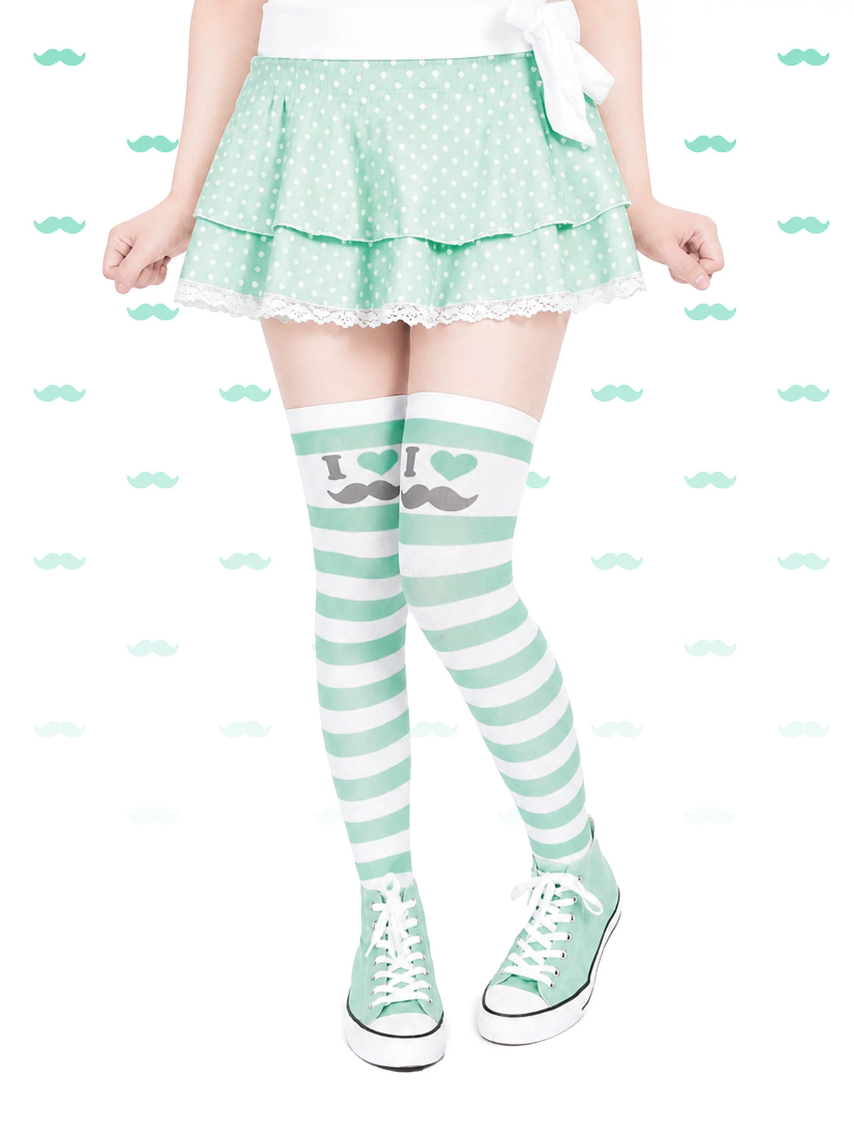 Electric Eye Beauty mint stripe moustache over-the-knee socks - view 3