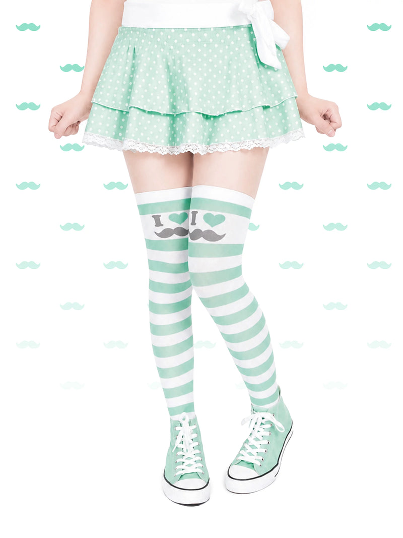 Electric Eye Beauty mint stripe moustache over-the-knee socks - view 3