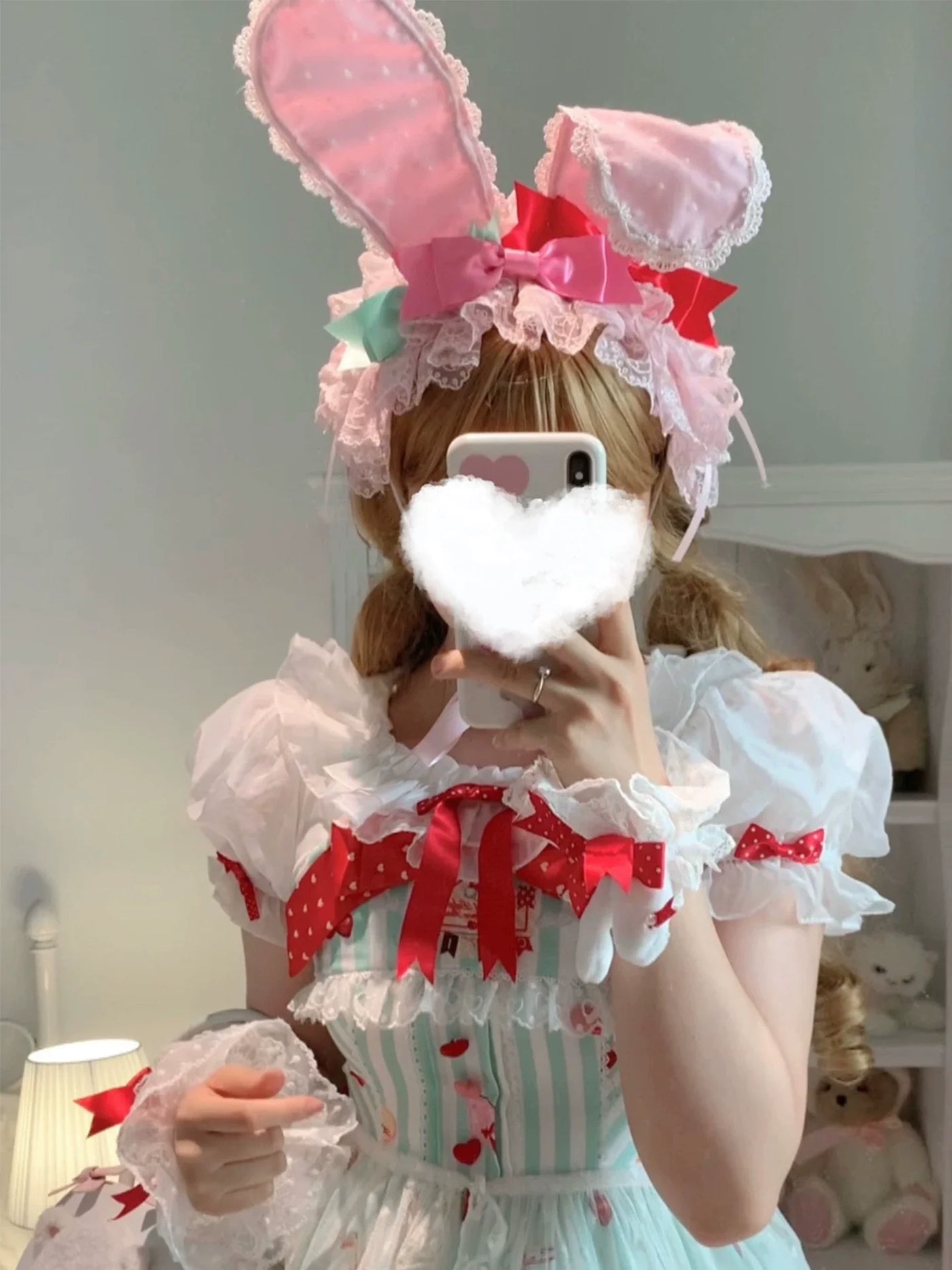 Kawaii Lolita Bunny Ear Hairband, Polka Dot Bow Hairband (pink)