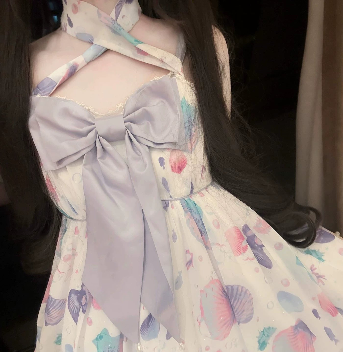 Creamy - Pastel Shell Print - White JSK dress with shell motifs and a large purple bow