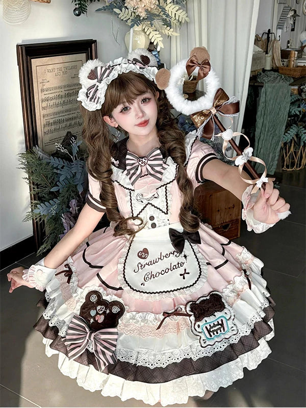 Creamy - Strawberry Chocolate Bear - Lolita Dress Set with an Embroidered Teddy Bear