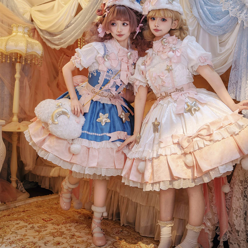 Good Morning Good Night Lolita dresses showing bows, star details and ruffled skirts