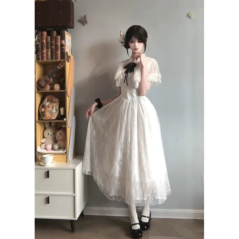 Creamy - Clear White - White OP dress with lace embroidery