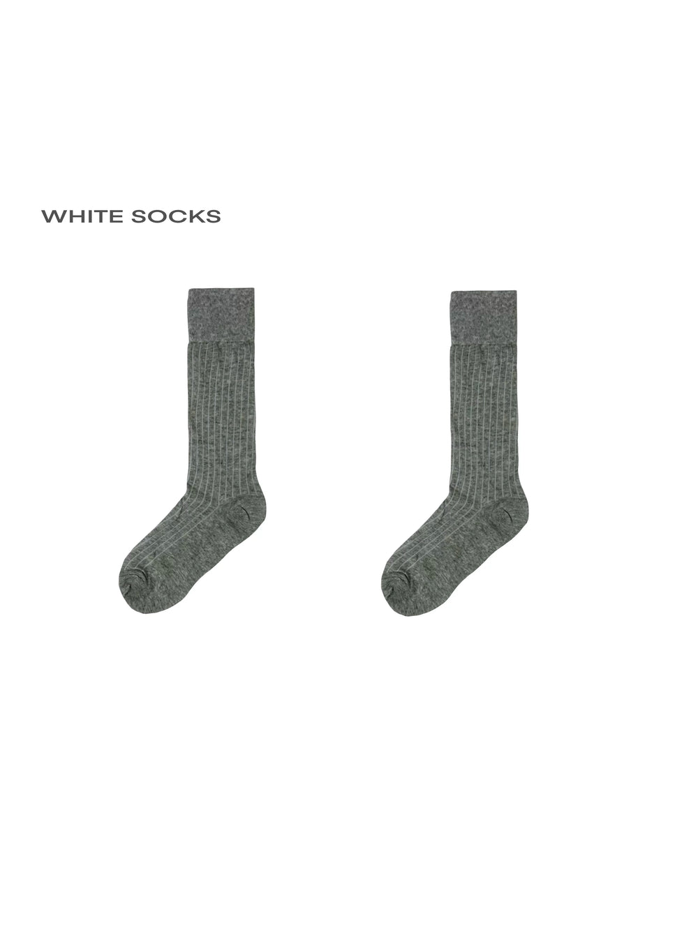 Gray ribbed slouch calf socks styled with a dark blue dress and black heels.