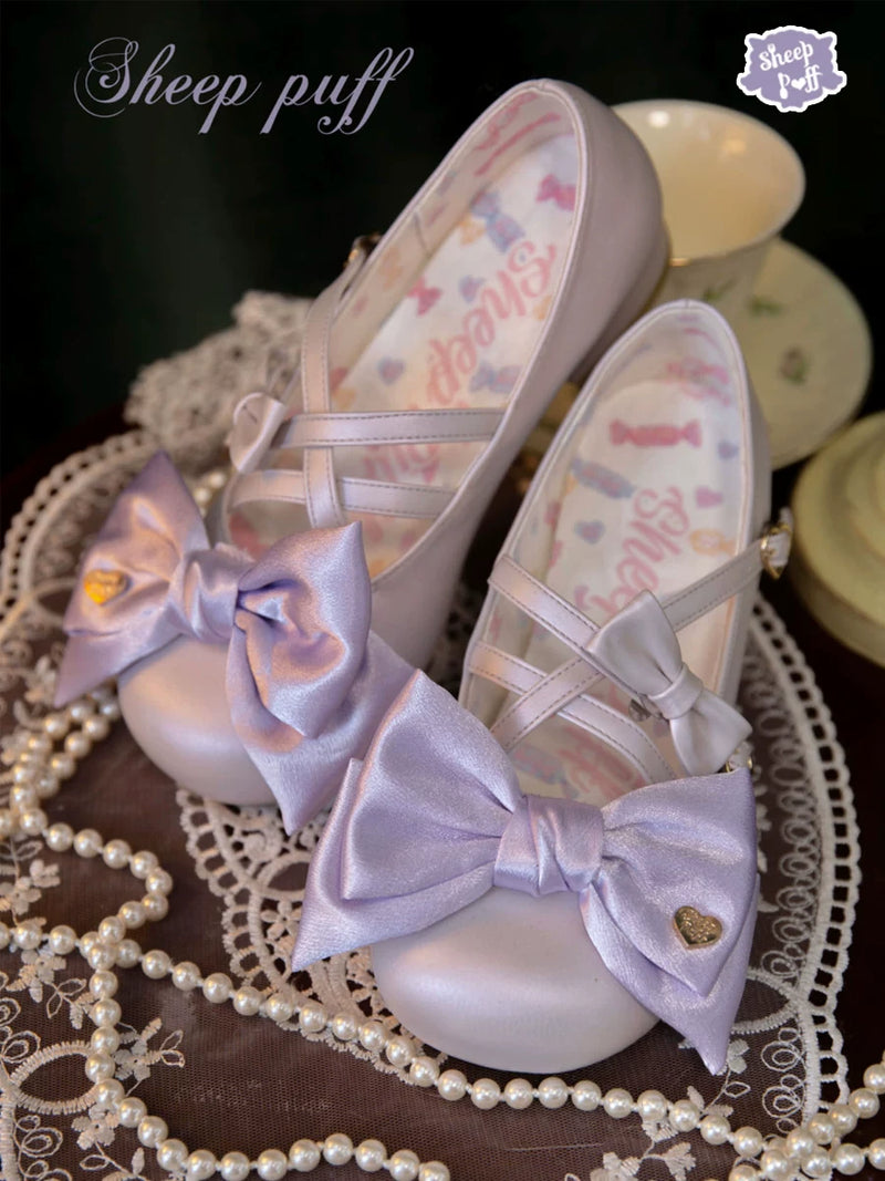 Sheep Puff Satin Candy Low Heel Lolita Shoes featuring pastel pink satin fabric and delicate bow details.