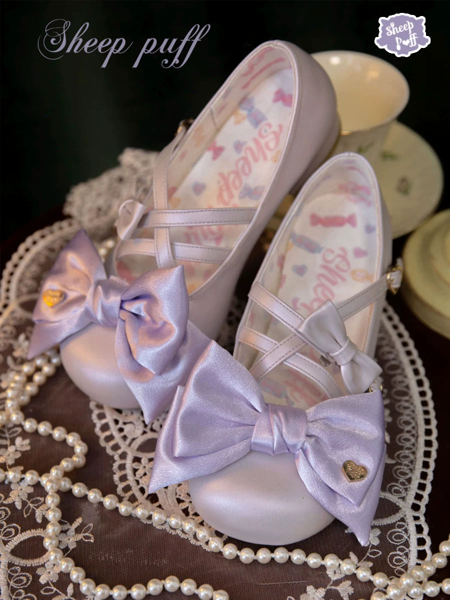Sheep Puff Satin Candy Low Heel Lolita Shoes featuring pastel pink satin fabric and delicate bow details.