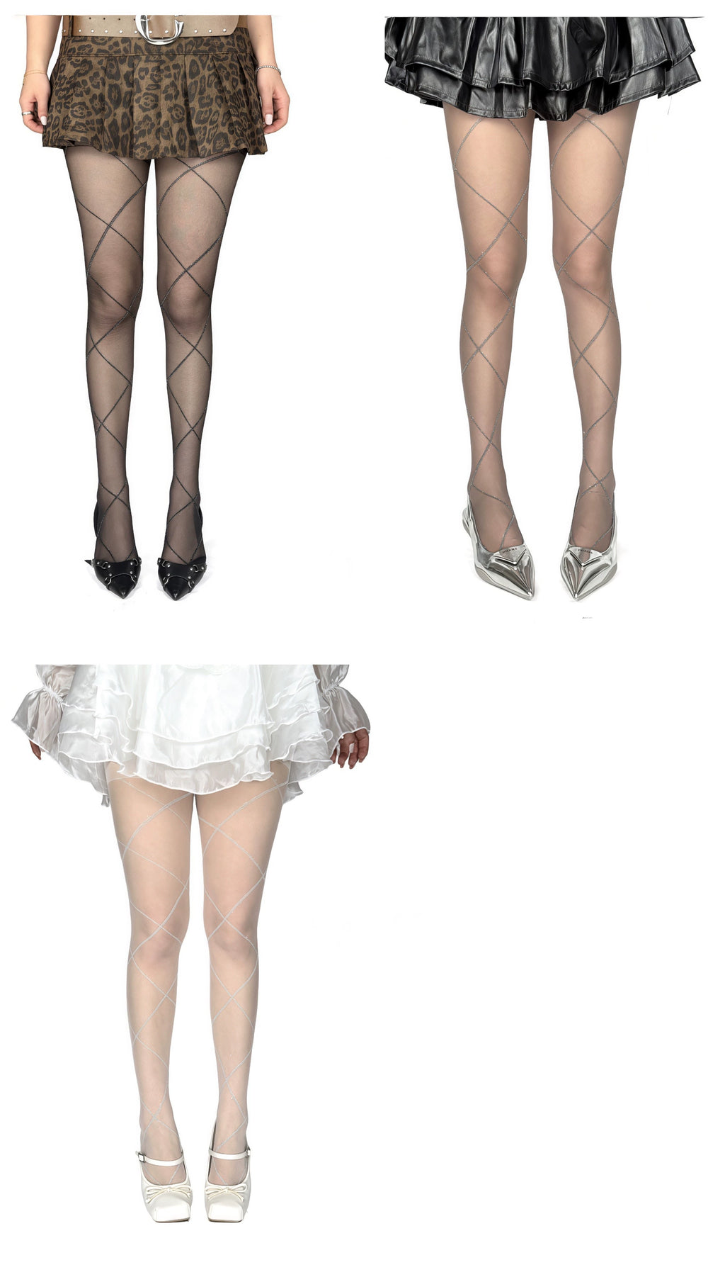 White Socks mesh pantyhose with diagonal silver lattice lines