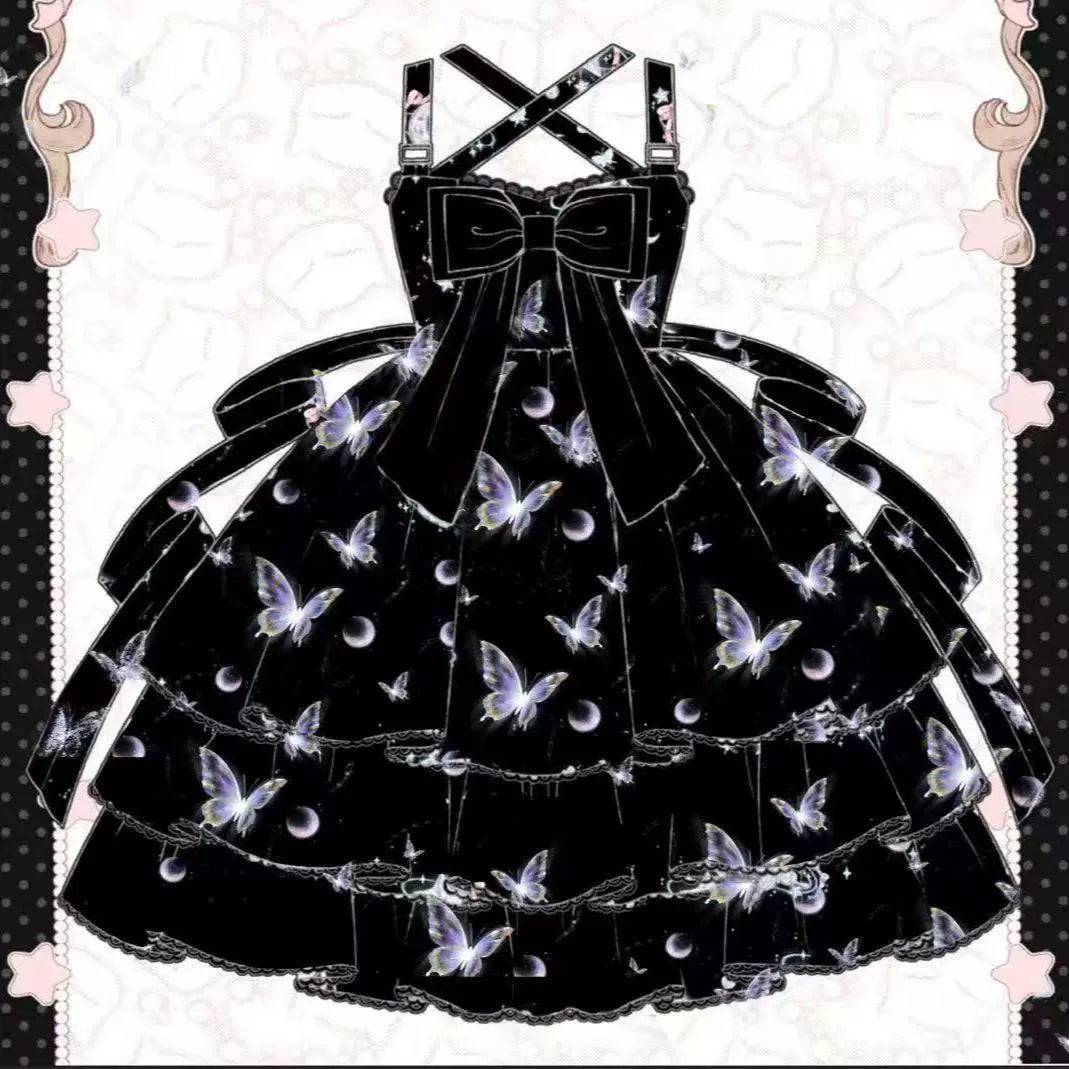 Black butterfly-and-moon JSK dress with an oversized bow shown worn