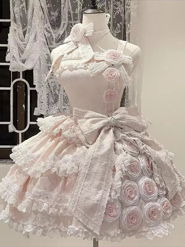 Creamy - Pink Rose - Pink dress with rose appliqués and lace trim