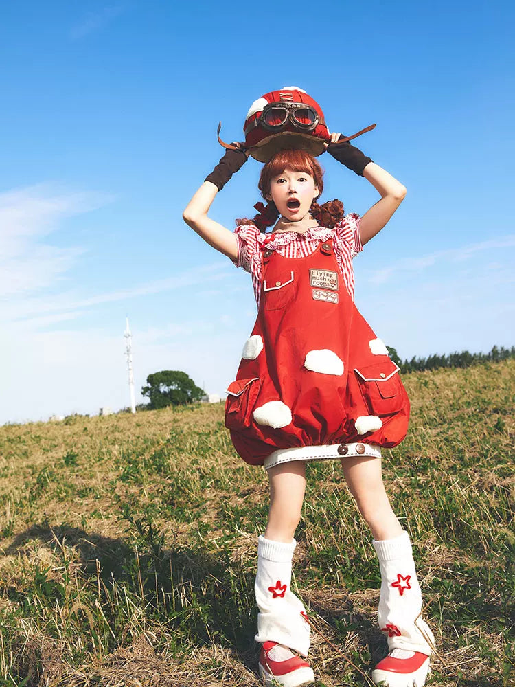 Baozi Pig red Flying Mushroom handmade hat with cream patches and aviator goggles