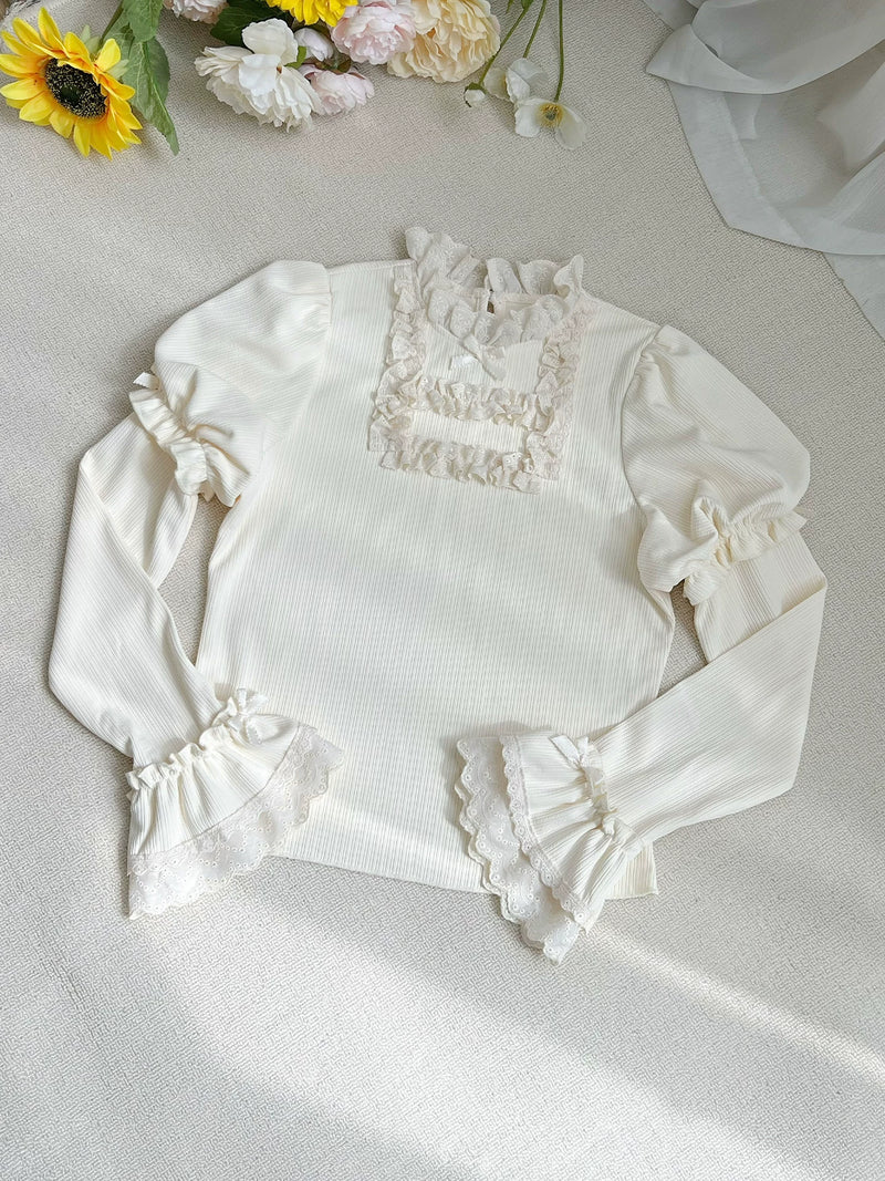With PUJI - Wind Floc - Classic Lolita Top, Ruffle Trim & Stand Collar detail view 4