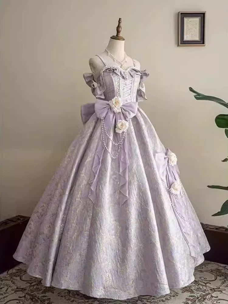 Light purple Lolita formal gown with petticoat support, showing full ballgown volume