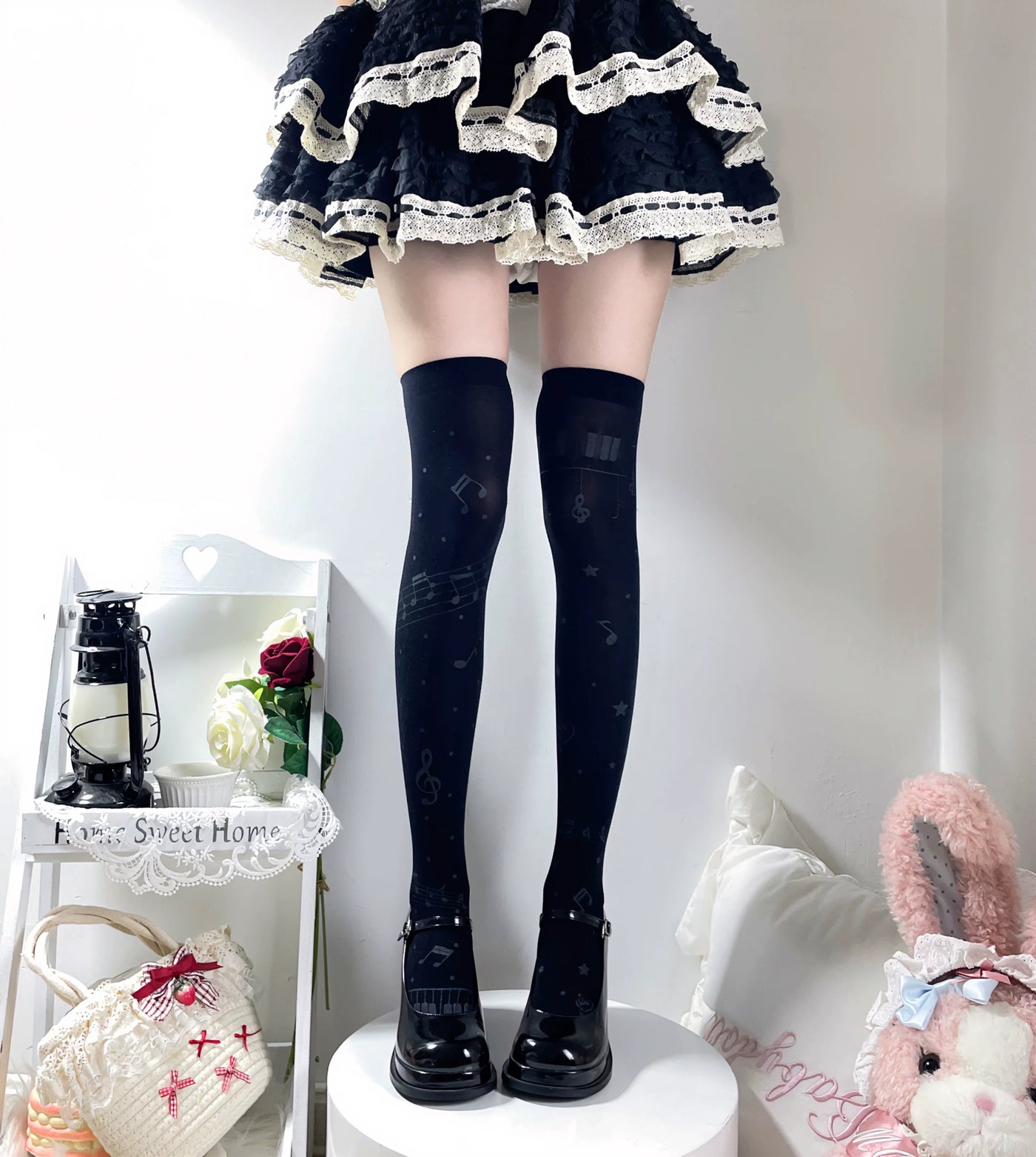 Fantasy Doll - Musical Note - Over-the-Knee Socks with Piano-Key Print