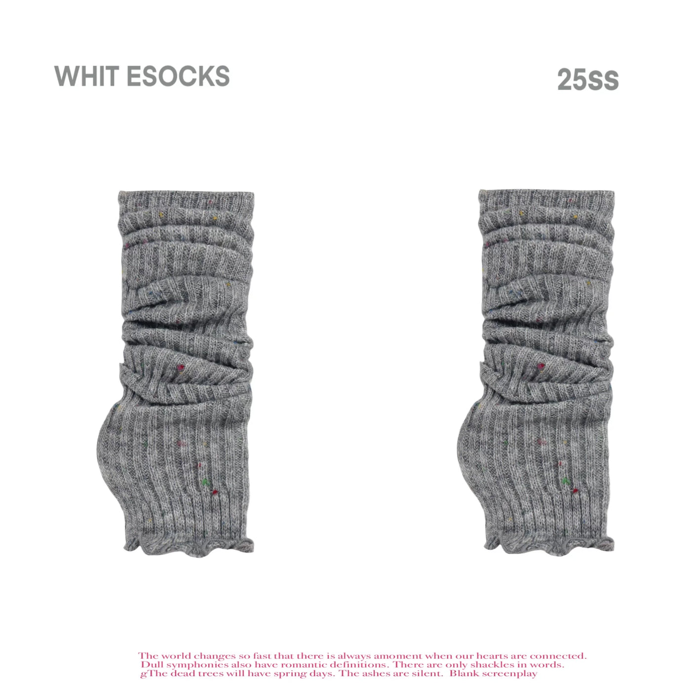 Grey scrunched leg warmers with small multicolour dots and red shoes.