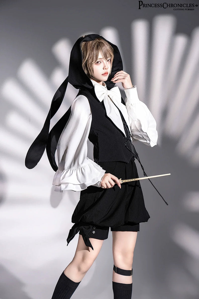 Princess Chronicles - Rabbit Feather - Black Ouji Lolita Vest Shorts Suit Prince Cloak Set