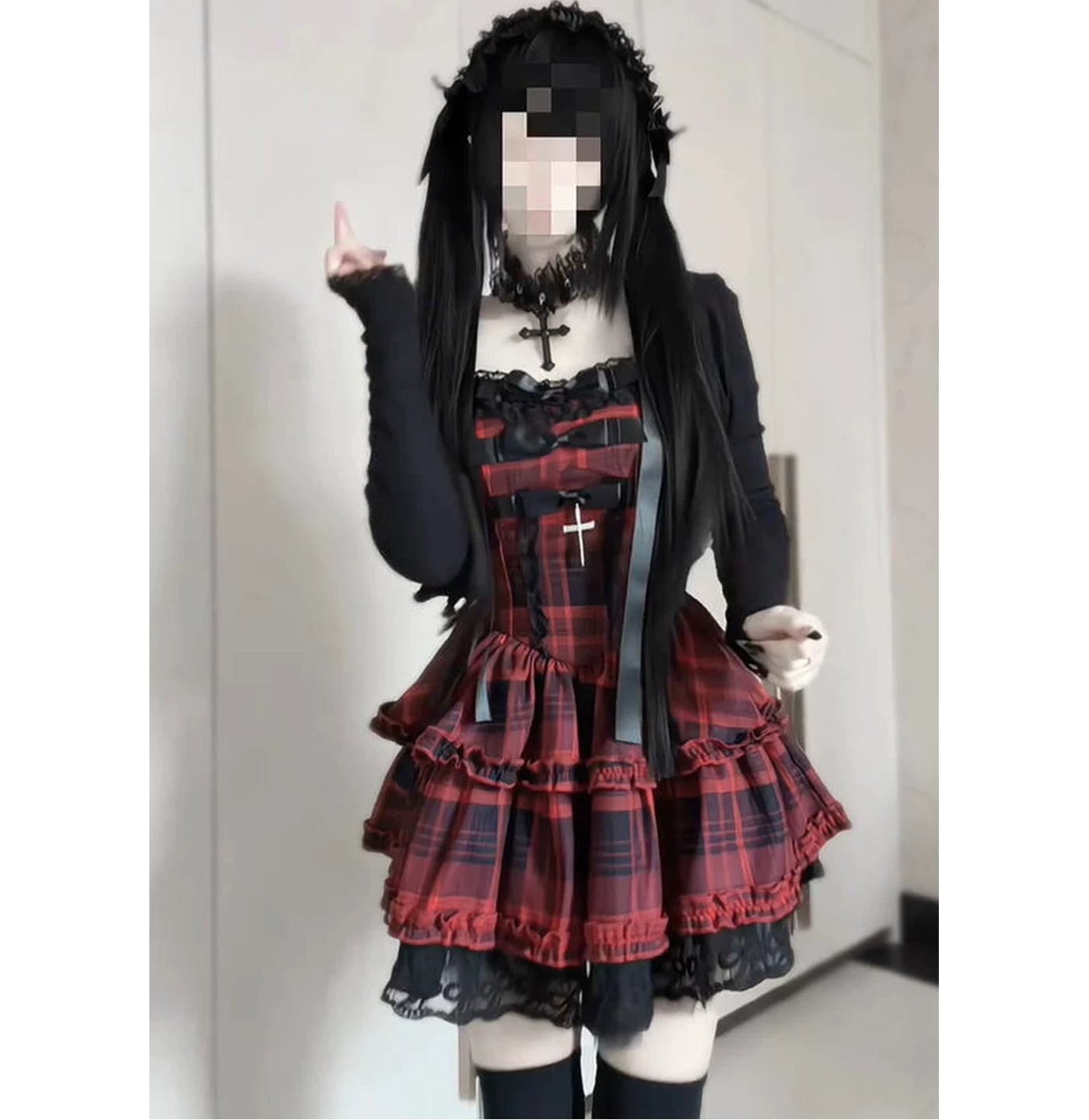 Creamy - Red Plaid Gothic - JSK Dress and Cardigan Set with Lace Ruffles