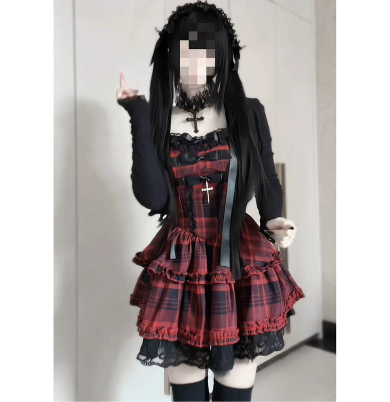 Creamy - Red Plaid Gothic - JSK Dress and Cardigan Set with Lace Ruffles