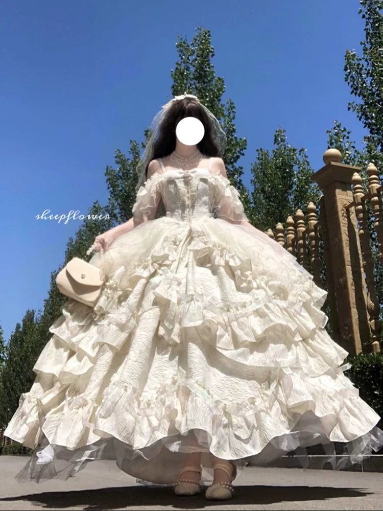 Champagne Lolita bridal gown with petticoat support, showing full skirt volume