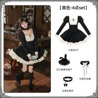 With PUJI - Lia - Classic Lolita OP Dress, Ruffle Trim & Square Neckline - Black 4-piece set (black OP + Little Yuan black hat + black collar + black leg rings) Pre-order in stock / S