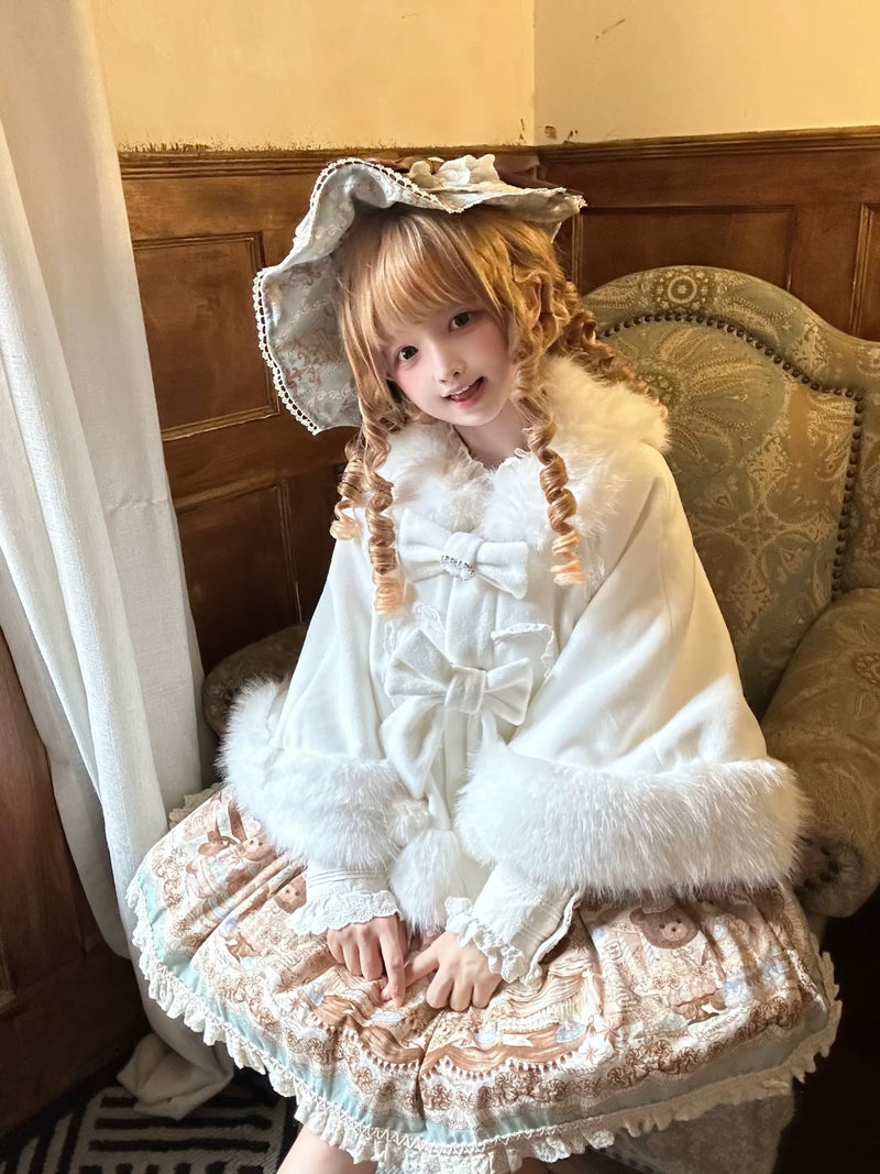 Plush Short Lolita Cape - Extended Fit Options — White Fleece-Lined Shawl Jacket