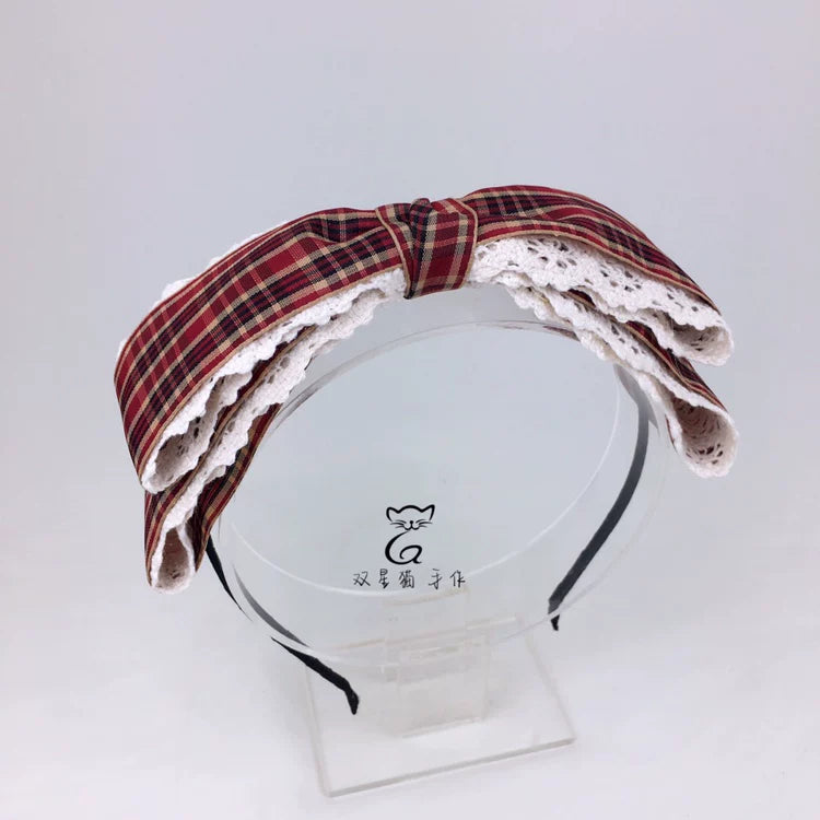 Little Red Riding Hood Burgundy Plaid Ear Headband & Clips — Cotton Bow Headband
