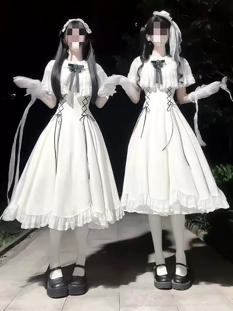 Creamy - CLA Twin - White OP Lolita dress with black lace-up details
