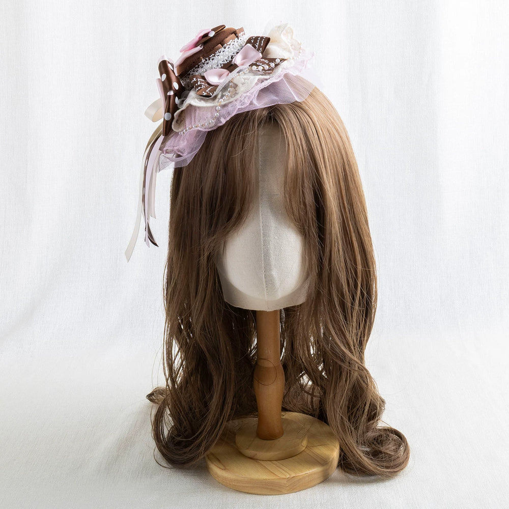 Chocolate-brown Lolita headwear with lace, gingham and polka-dot bows