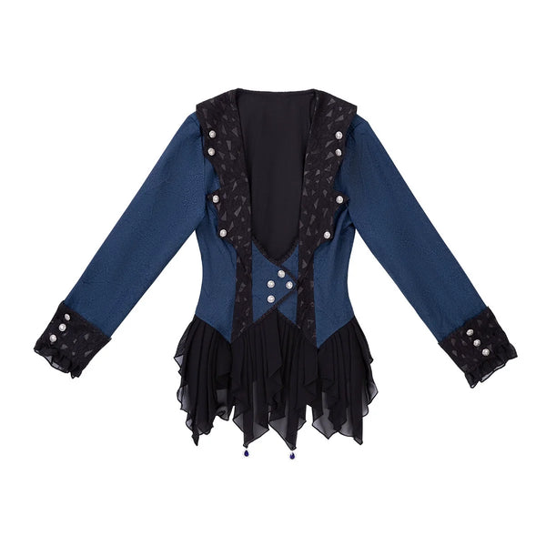 Dark blue and black Matutu Ouji Lolita coat and white asymmetrical dress shown as separate pieces