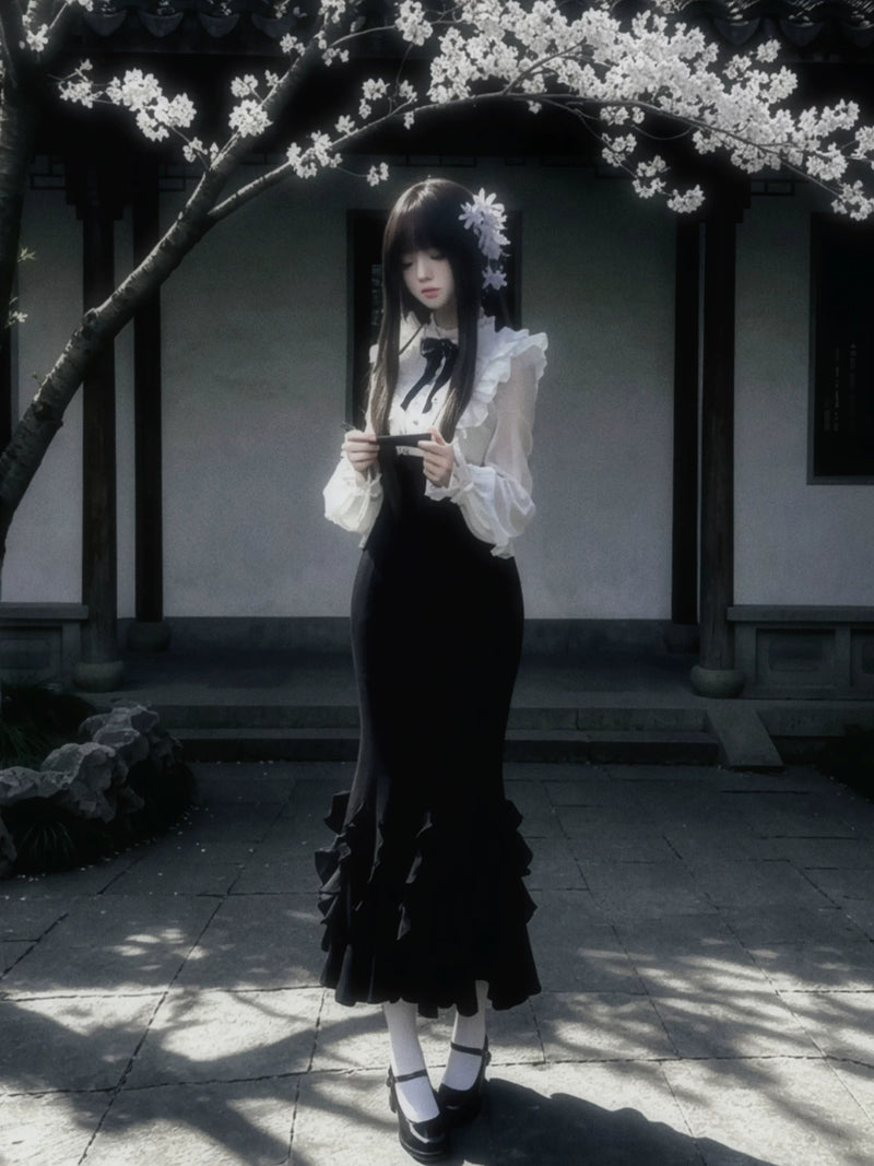 With PUJI - Miss Laura: Long-sleeve Mermaid - Lolita OP Dress, Ruffle Trim detail view 4
