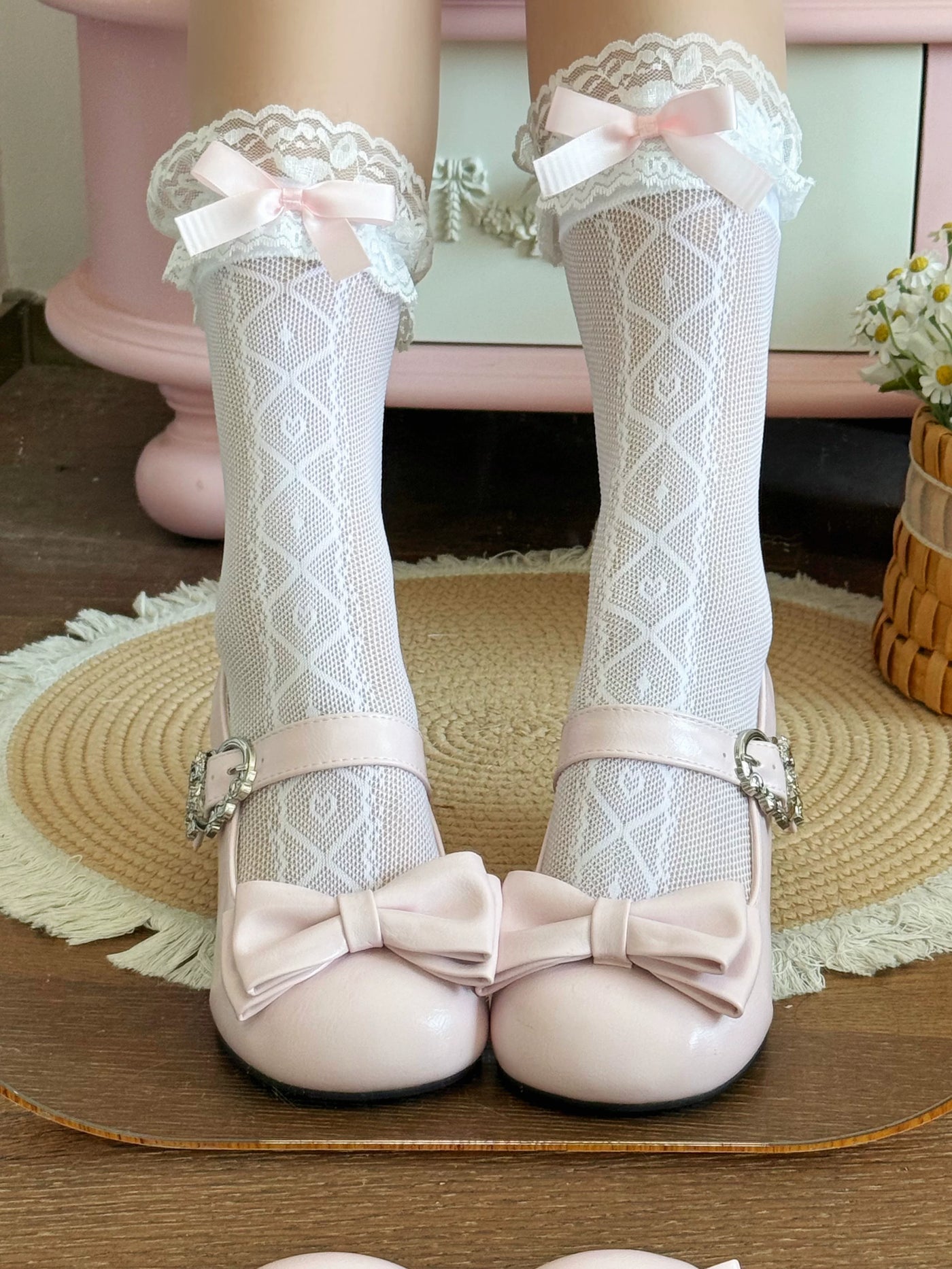 Fantasy Doll - Diamond Lace - Mid-Calf Socks with Lace Cuffs