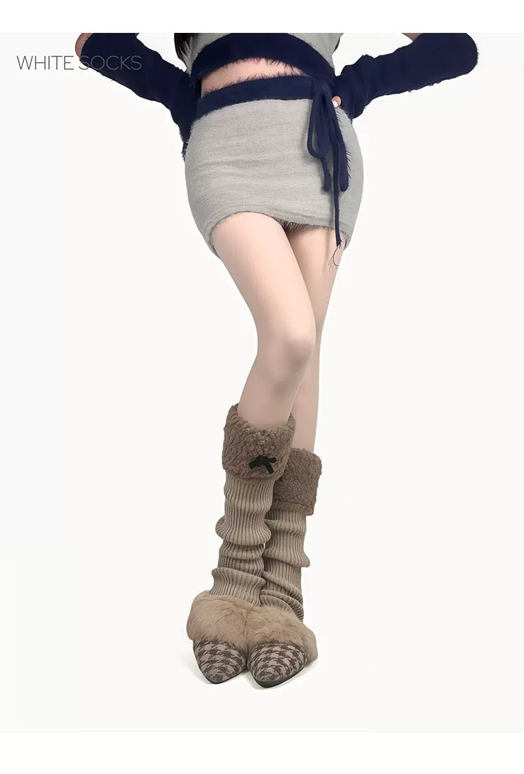 White Socks - Fleece Bow - Stirrup Knit Leg Warmers with Fleece Cuffs