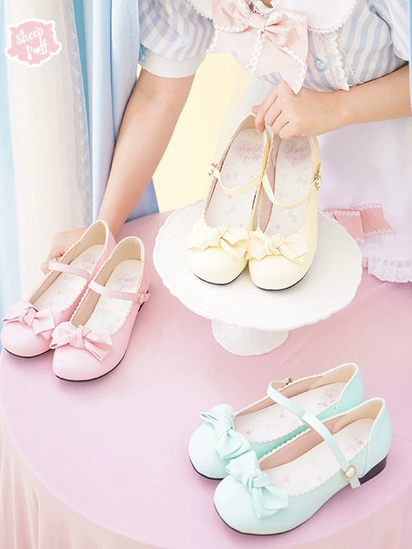 Sheep Puff rounded bow macaron Lolita shoes featuring cute puff design and pastel colors, perfect for fashion and cosplay.